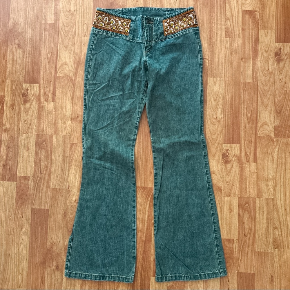 Vtg Y2K Express Low Rise Hip Hugger Flare Blue Jeans Sz 5/6 Waist 29